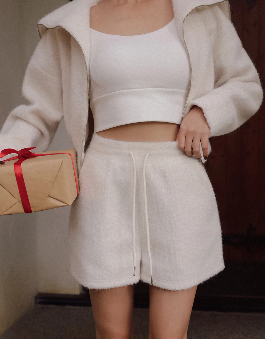 Fluffy Knit Drawstring Waist Lounge Shorts