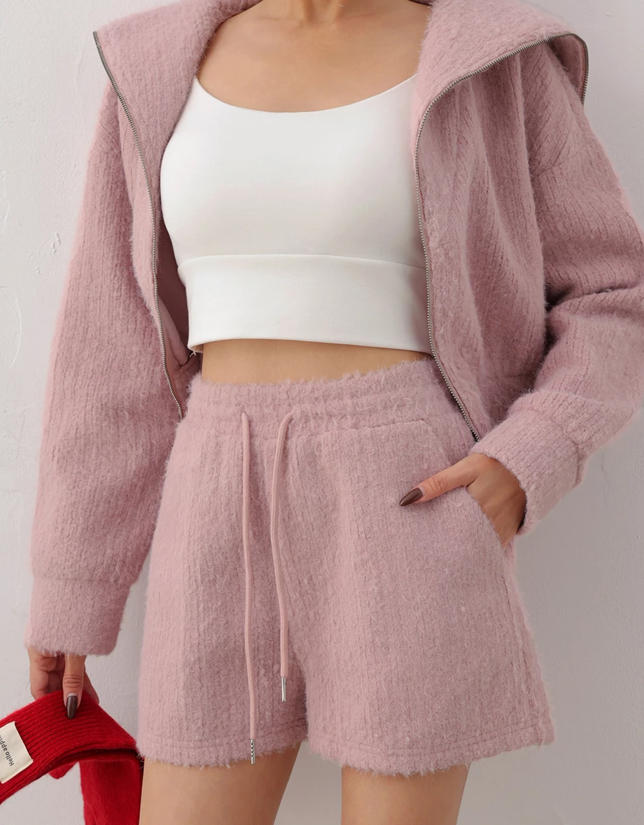 Fluffy Knit Drawstring Waist Lounge Shorts