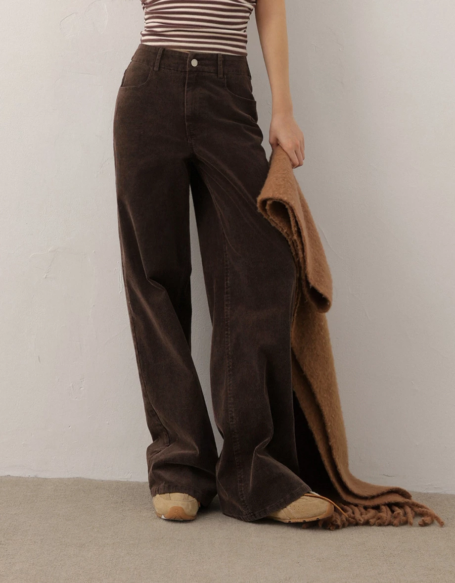 Middle Waist Soft Corduroy Straight Wide Leg Pants