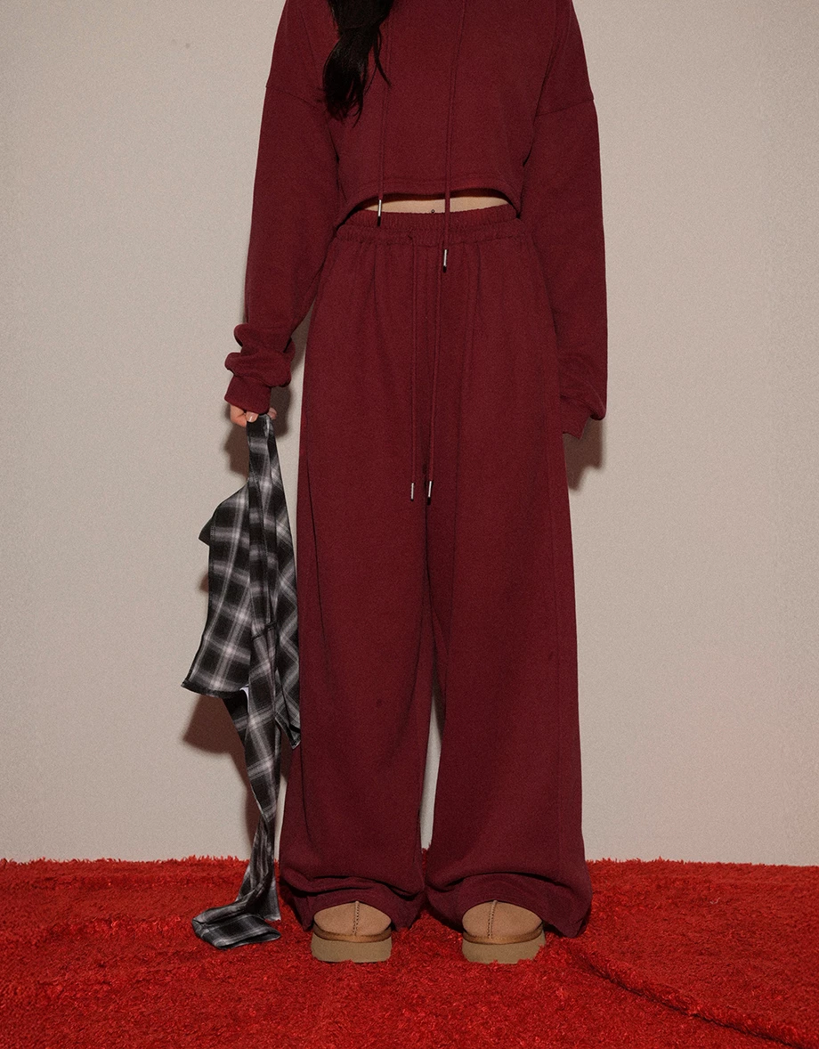Fleece Lined Drawstring Waist Wide Leg Sweatpants