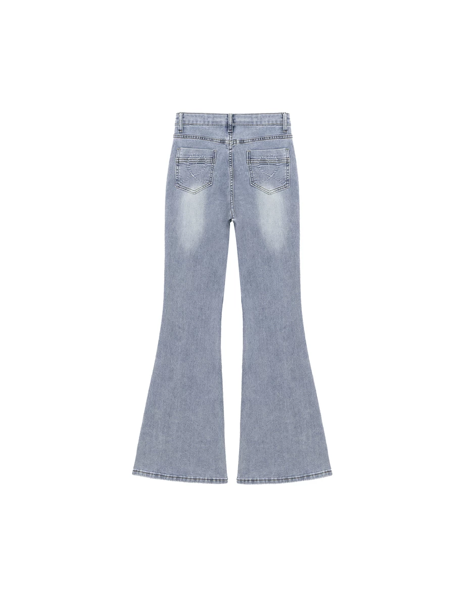 Heart Stitch Back Pocket High Waist  Flared Jeans Denim Pants