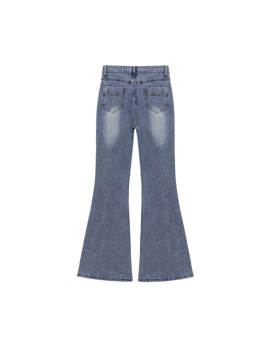 Heart Stitch Back Pocket High Waist  Flared Jeans Denim Pants