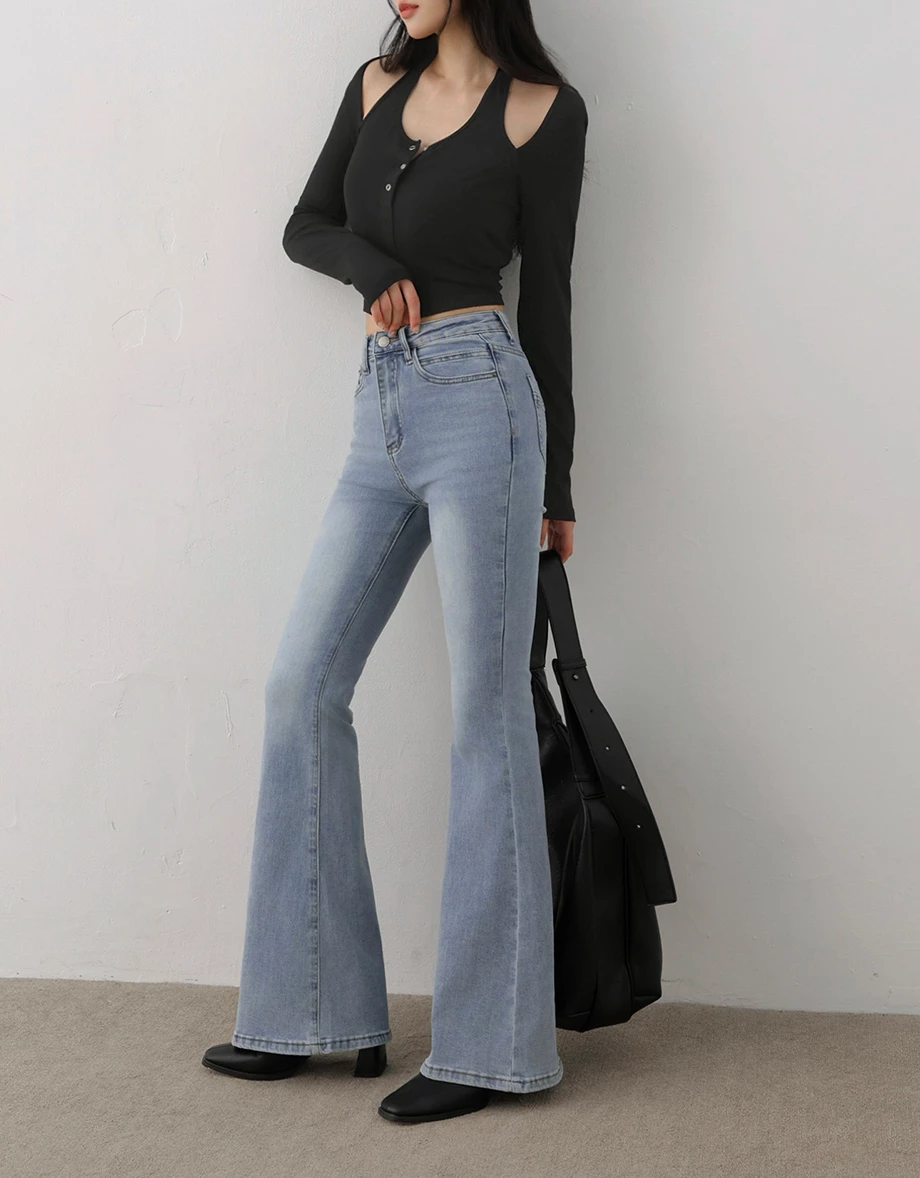 Heart Stitch Back Pocket High Waist  Flared Jeans Denim Pants