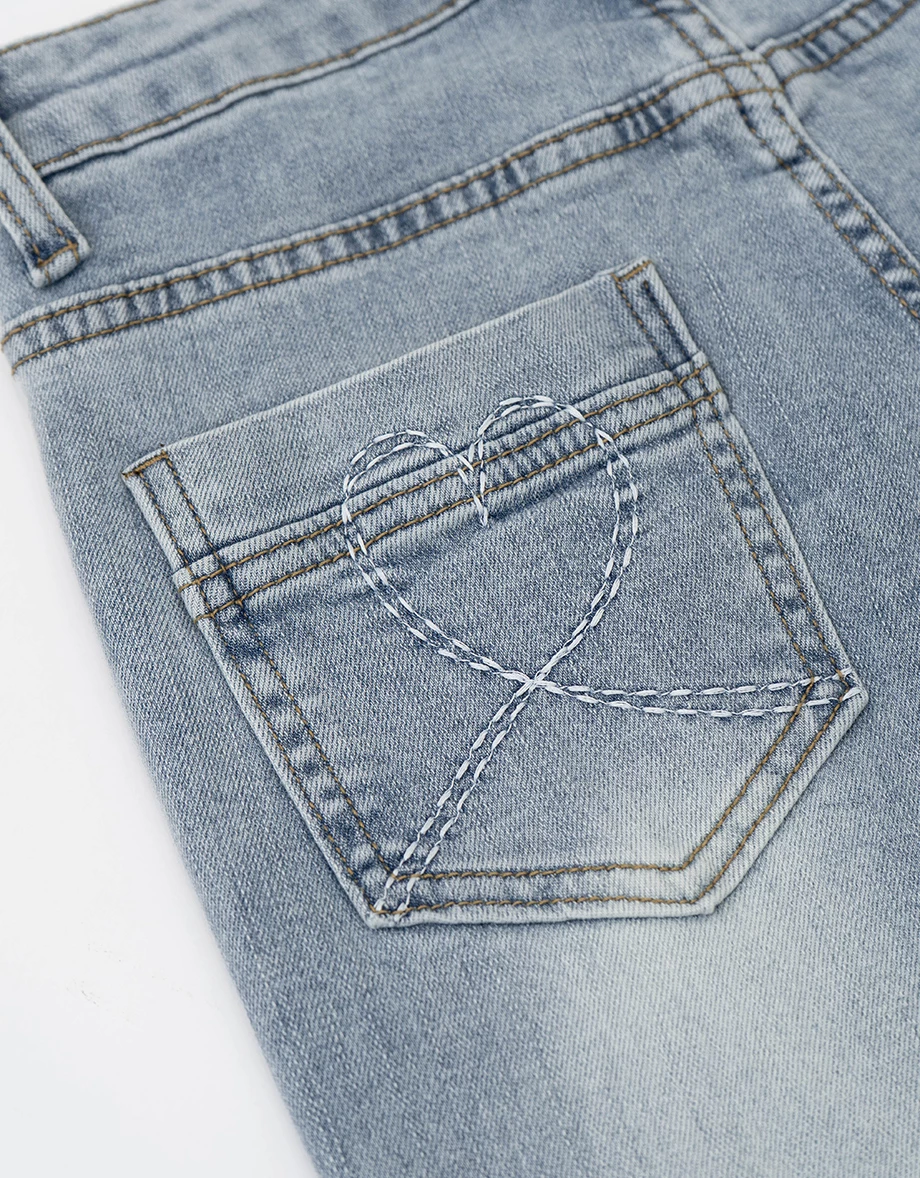 Heart Stitch Back Pocket High Waist  Flared Jeans Denim Pants