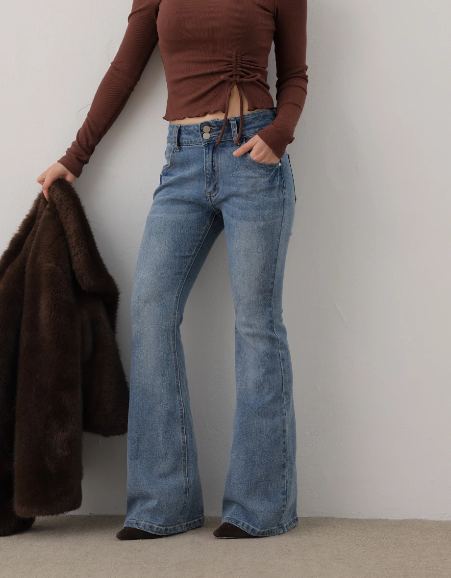 Vintage Wash Double Button Low Rise Flared Jeans Denim Pants