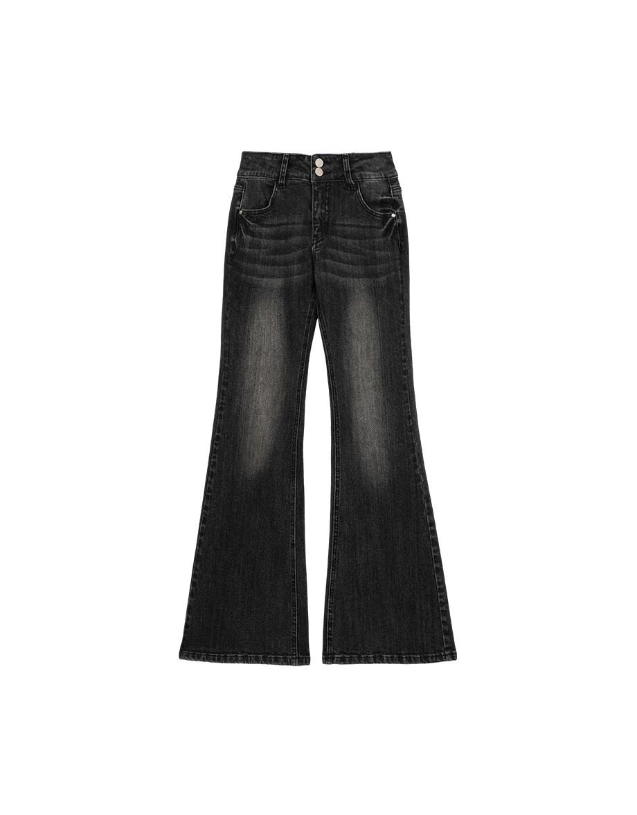 Vintage Wash Double Button Low Rise Flared Jeans Denim Pants