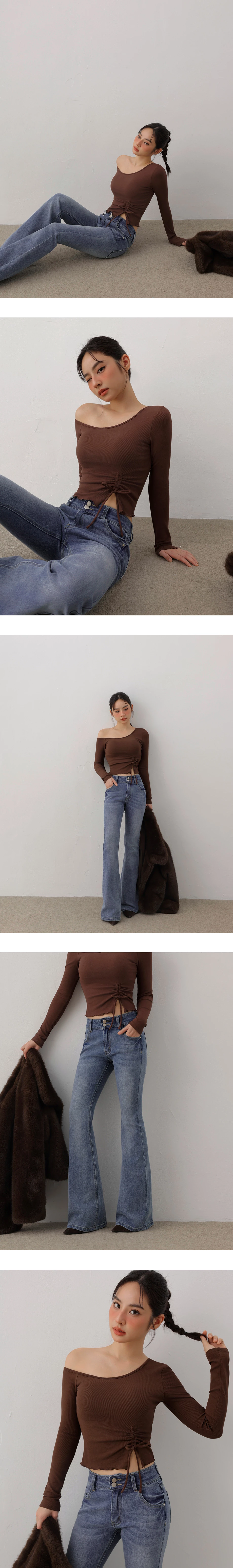 Vintage Wash Double Button Low Rise Flared Jeans Denim Pants