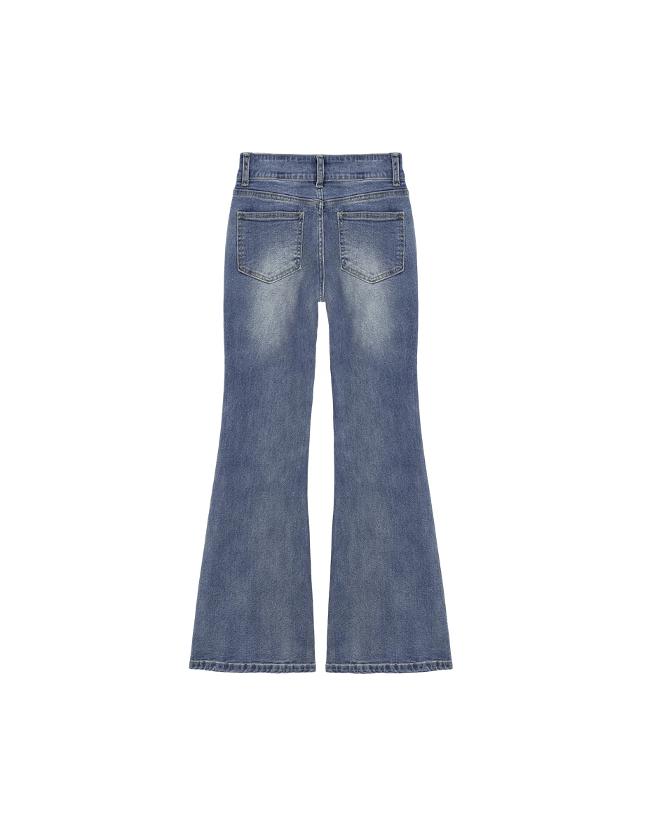 Vintage Wash Double Button Low Rise Flared Jeans Denim Pants