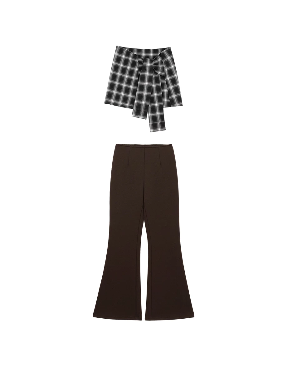 Flared Hem Mid Rise Trousers Pants with Plaid Removable Waist Wrap