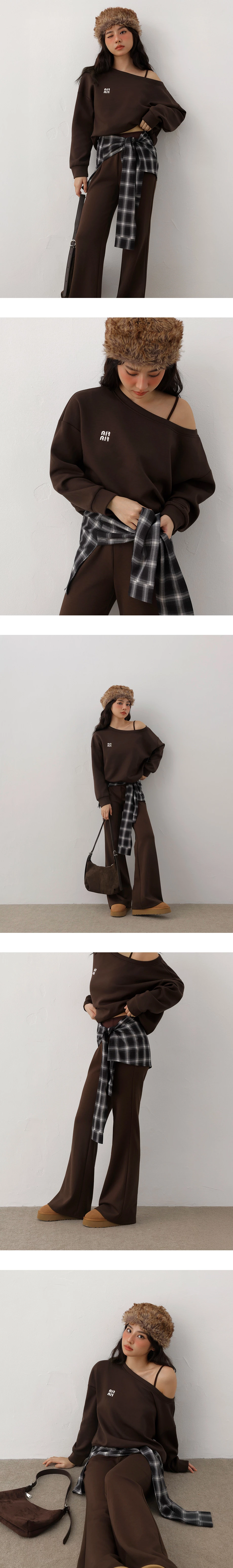 Flared Hem Mid Rise Trousers Pants with Plaid Removable Waist Wrap