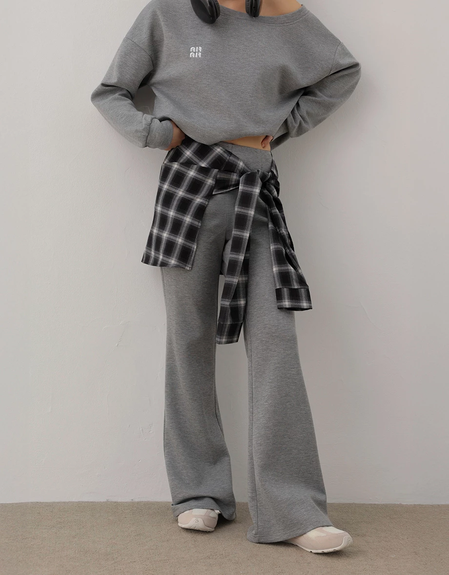 Flared Hem Mid Rise Trousers Pants with Plaid Removable Waist Wrap