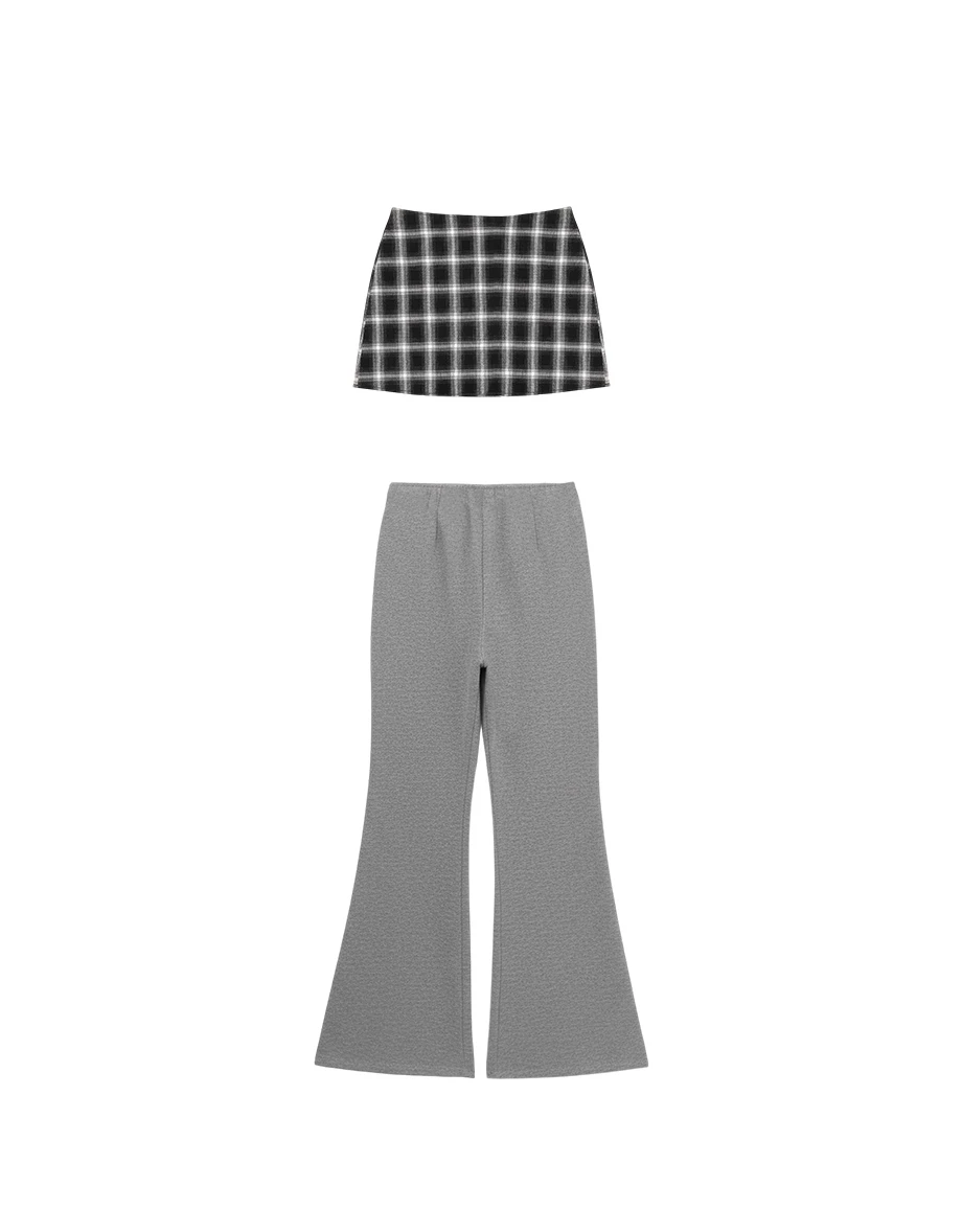 Flared Hem Mid Rise Trousers Pants with Plaid Removable Waist Wrap