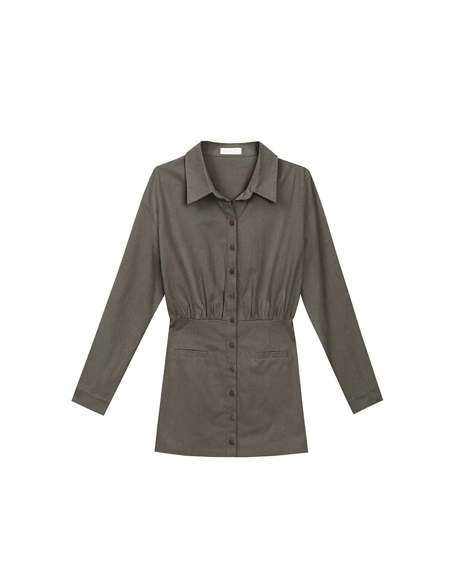 Waist Cinched Button Front Mini Shirt Dress