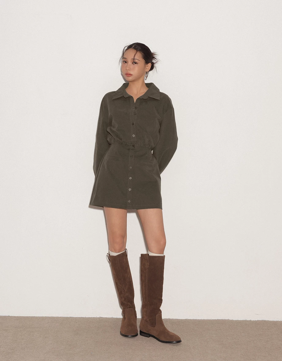 Waist Cinched Button Front Mini Shirt Dress