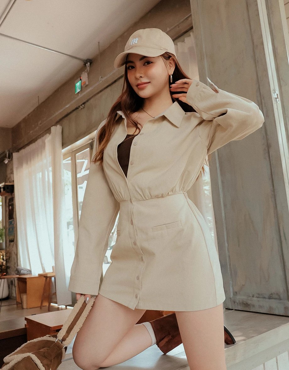 Waist Cinched Button Front Mini Shirt Dress