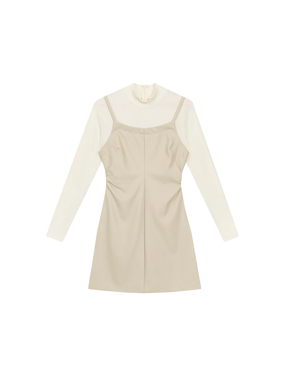Faux 2 Piece Layered Mock Neck Long Sleeve Spaghetti Strap Mini Dress