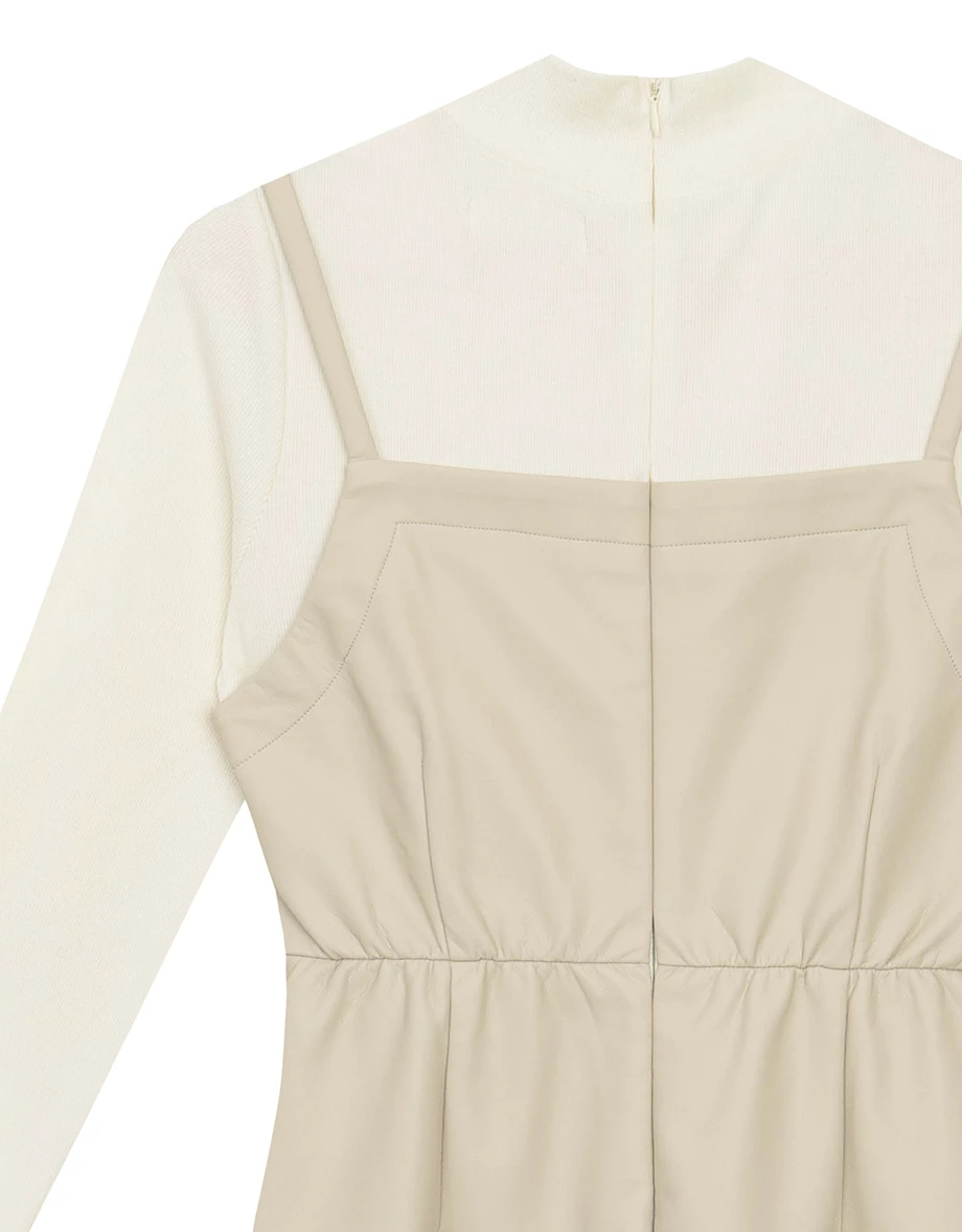 Faux 2 Piece Layered Mock Neck Long Sleeve Spaghetti Strap Mini Dress