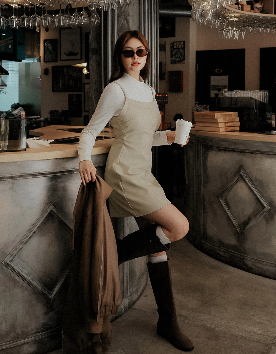 Faux 2 Piece Layered Mock Neck Long Sleeve Spaghetti Strap Mini Dress