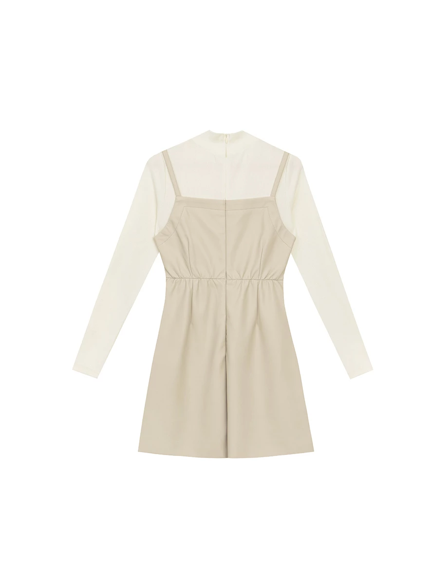 Faux 2 Piece Layered Mock Neck Long Sleeve Spaghetti Strap Mini Dress