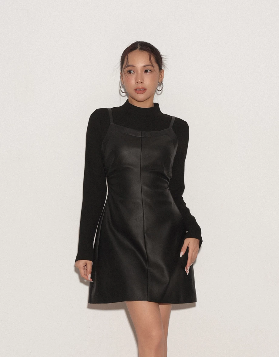 Faux 2 Piece Layered Mock Neck Long Sleeve Spaghetti Strap Mini Dress