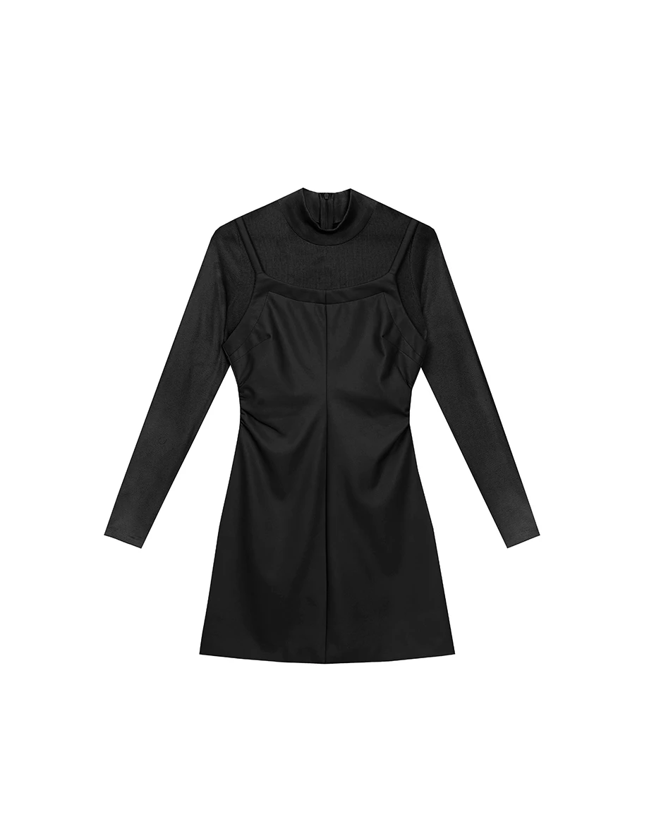 Faux 2 Piece Layered Mock Neck Long Sleeve Spaghetti Strap Mini Dress