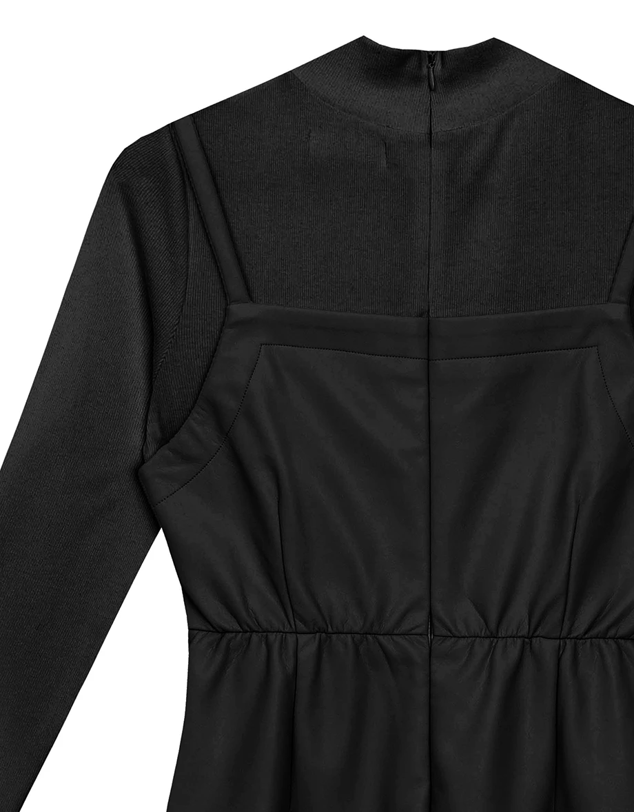 Faux 2 Piece Layered Mock Neck Long Sleeve Spaghetti Strap Mini Dress