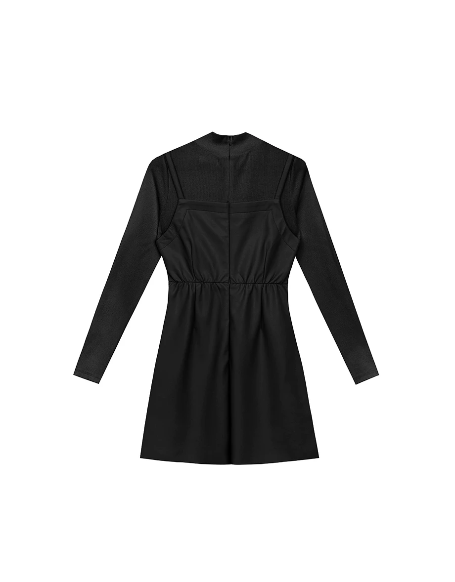 Faux 2 Piece Layered Mock Neck Long Sleeve Spaghetti Strap Mini Dress