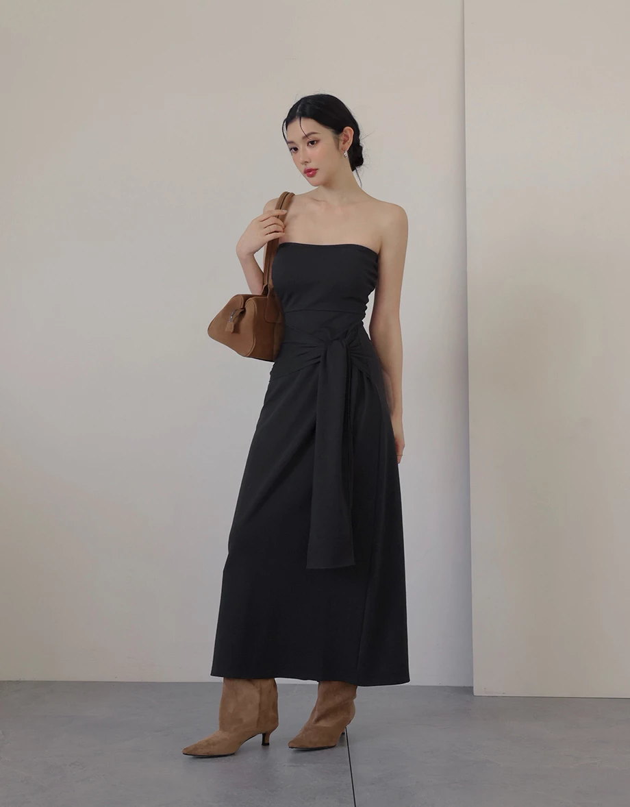 Soft Knit Padded Tube Strapless Maxi Dress with Waist Tie Detail
