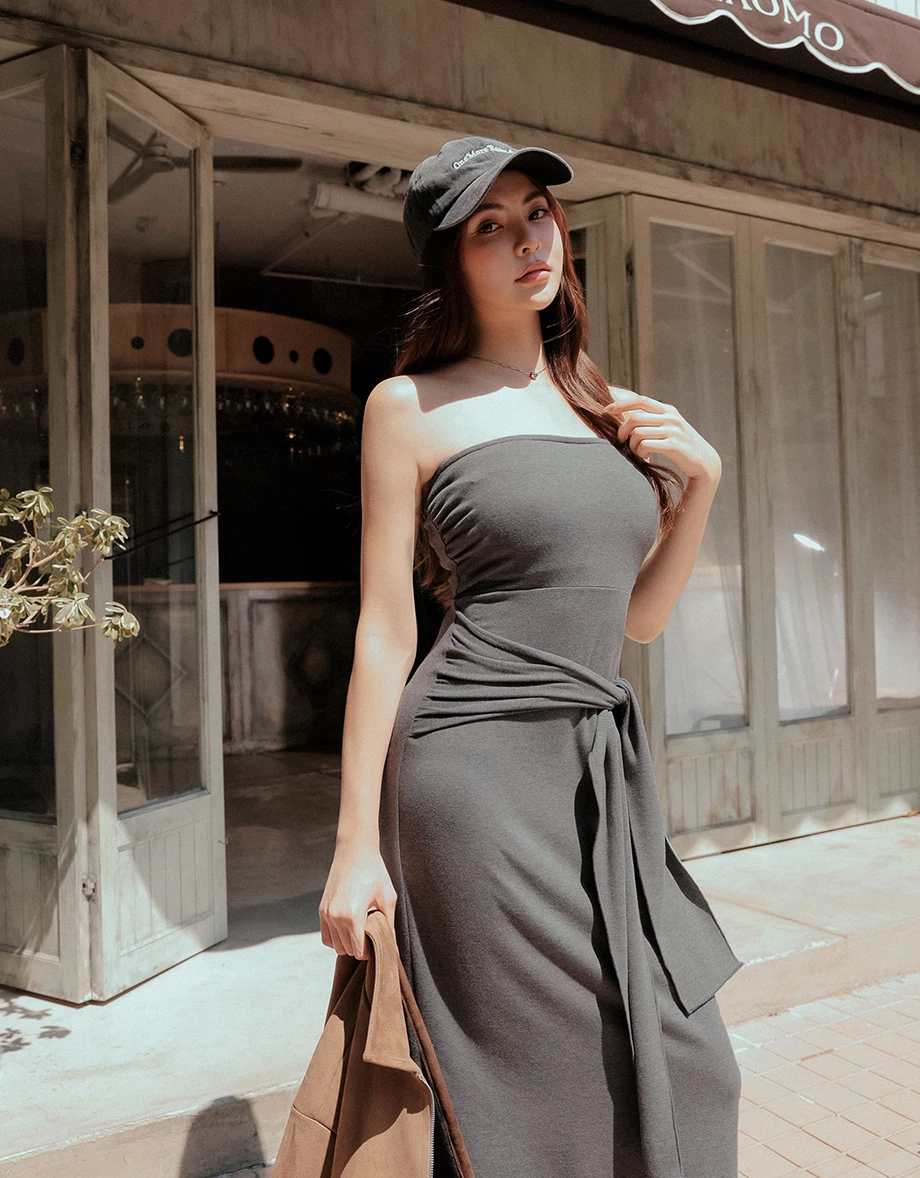 Soft Knit Padded Tube Strapless Maxi Dress with Waist Tie Detail