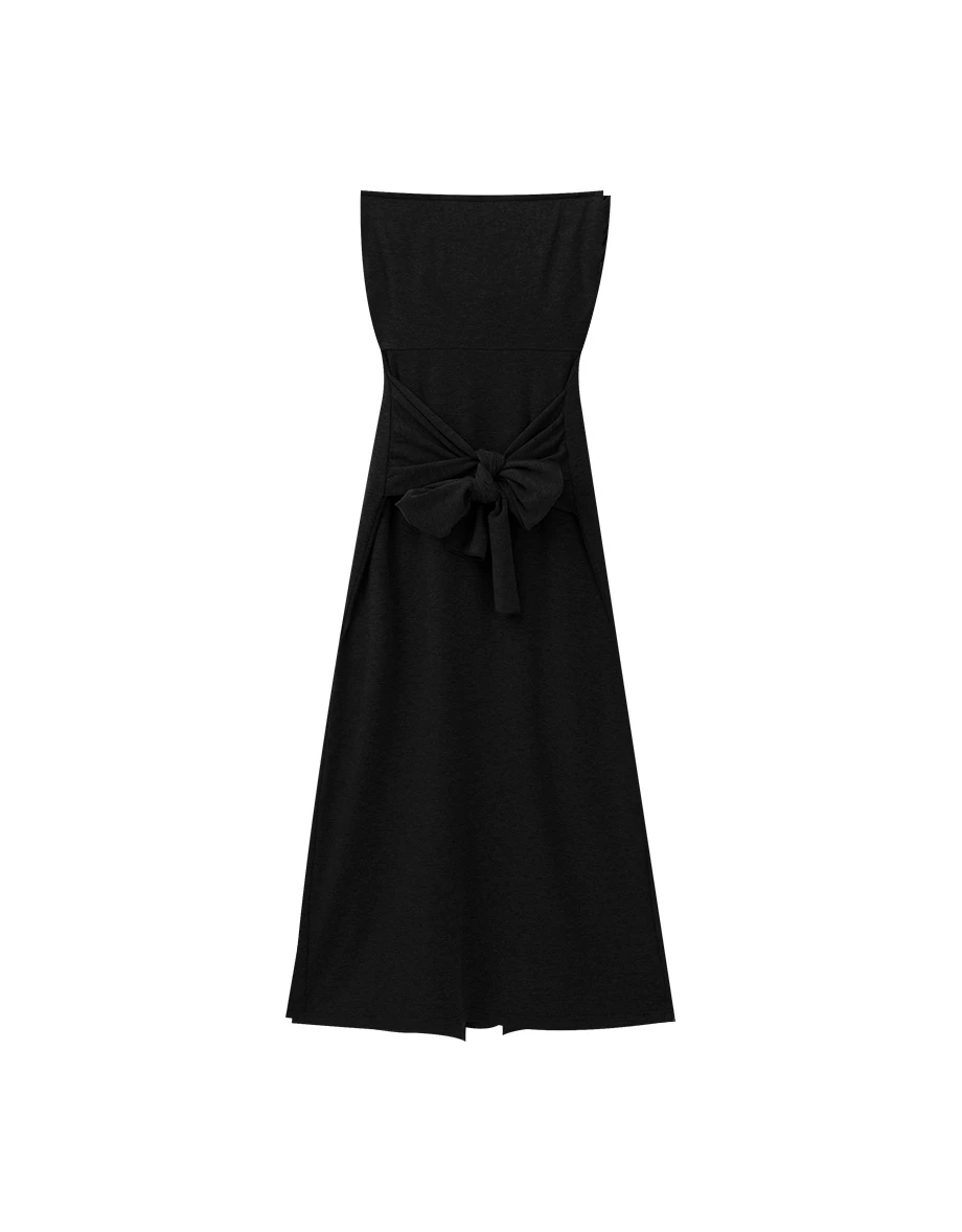 Soft Knit Padded Tube Strapless Maxi Dress with Waist Tie Detail