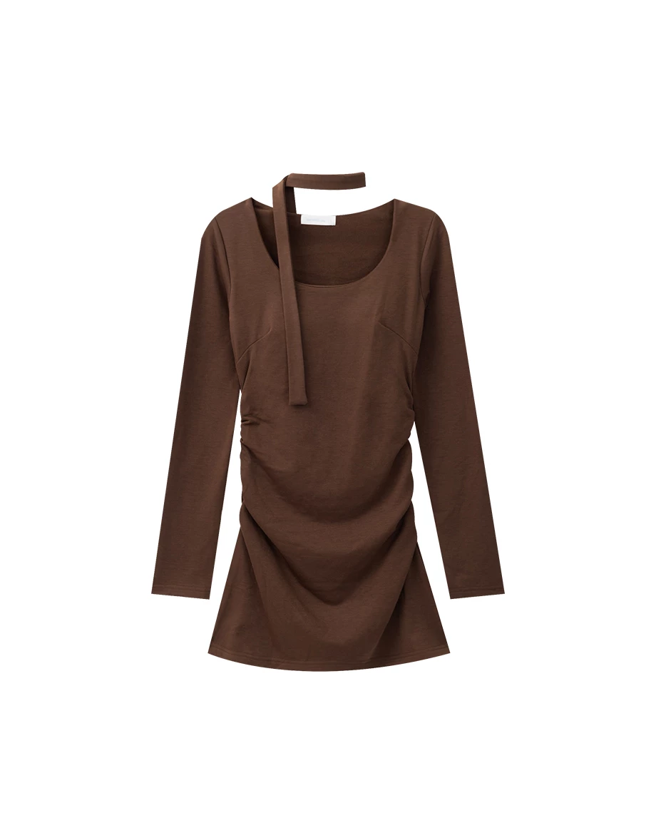 【Heat Tech】Ruched Side Bodycon Padded Mini Dress with Scarf Strap Detail 【Heat Tech】Ruched Side Bodycon Padded Mini Dress with Scarf Strap Detail