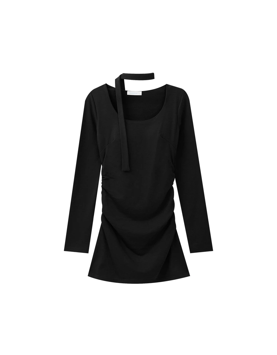 【Heat Tech】Ruched Side Bodycon Padded Mini Dress with Scarf Strap Detail 【Heat Tech】Ruched Side Bodycon Padded Mini Dress with Scarf Strap Detail