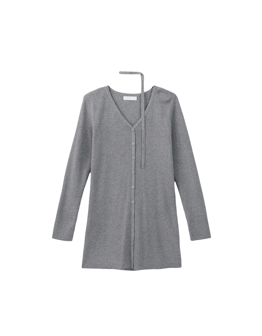 Ribbed Knit Button Down Mini Dress with Detachable Neck Strap Detail