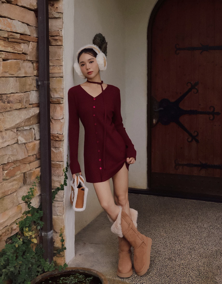 Ribbed Knit Button Down Mini Dress with Detachable Neck Strap Detail Ribbed Knit Button Down Mini Dress with Detachable Neck Strap Detail