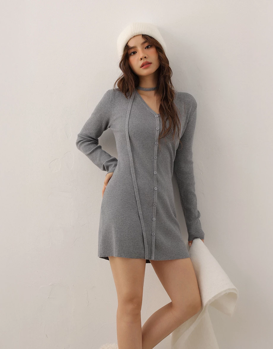 Ribbed Knit Button Down Mini Dress with Detachable Neck Strap Detail Ribbed Knit Button Down Mini Dress with Detachable Neck Strap Detail