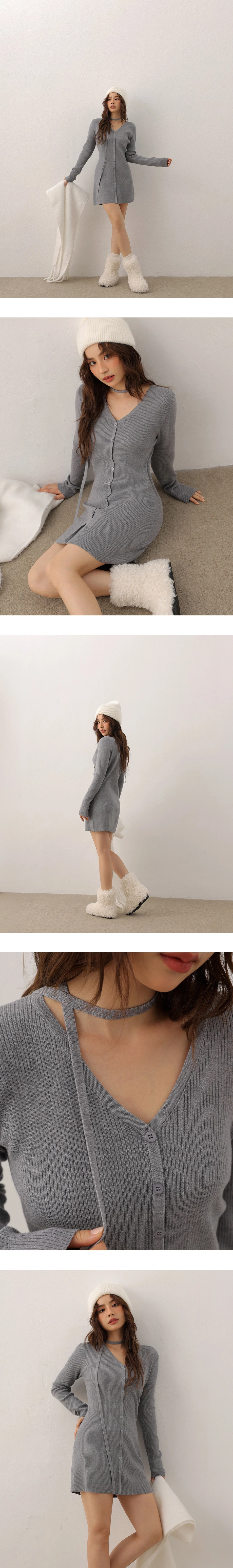 Ribbed Knit Button Down Mini Dress with Detachable Neck Strap Detail Ribbed Knit Button Down Mini Dress with Detachable Neck Strap Detail