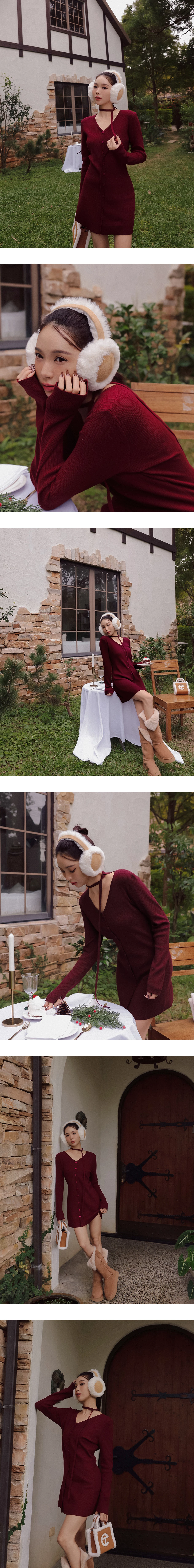 Ribbed Knit Button Down Mini Dress with Detachable Neck Strap Detail Ribbed Knit Button Down Mini Dress with Detachable Neck Strap Detail