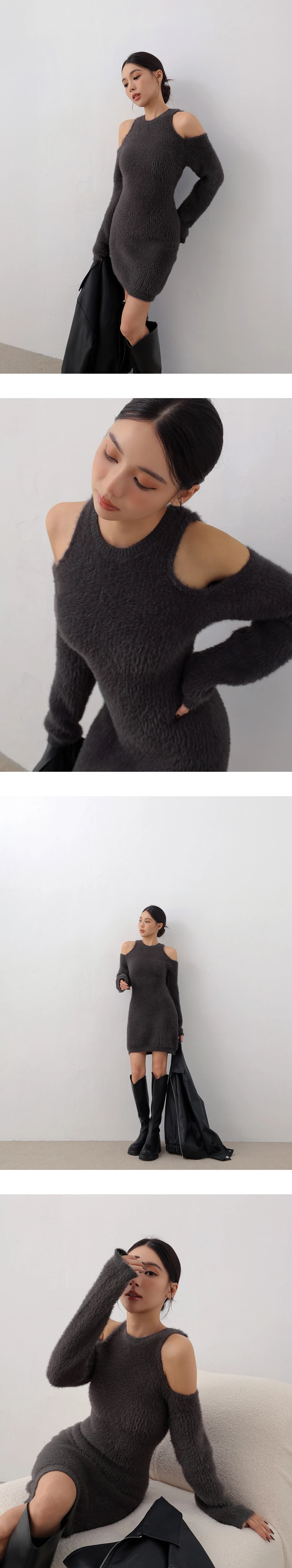 Soft Fuzzy Cold Shoulder Knit Long Sleeve Mini Dress Soft Fuzzy Cold Shoulder Knit Long Sleeve Mini Dress