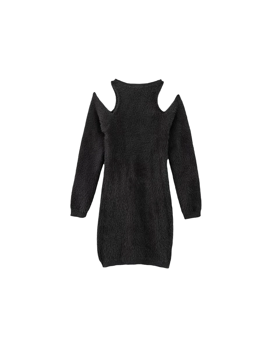 Soft Fuzzy Cold Shoulder Knit Long Sleeve Mini Dress Soft Fuzzy Cold Shoulder Knit Long Sleeve Mini Dress