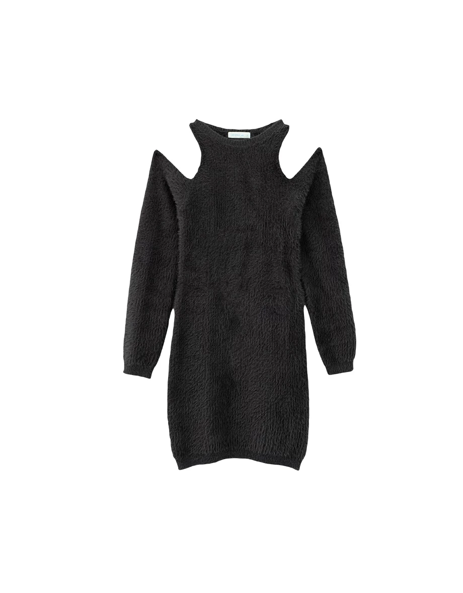 Soft Fuzzy Cold Shoulder Knit Long Sleeve Mini Dress Soft Fuzzy Cold Shoulder Knit Long Sleeve Mini Dress