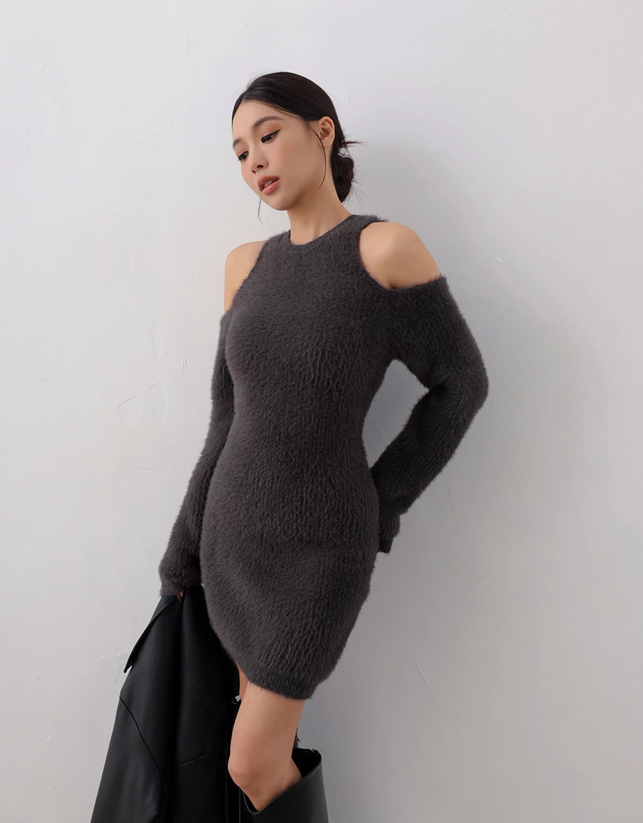Soft Fuzzy Cold Shoulder Knit Long Sleeve Mini Dress Soft Fuzzy Cold Shoulder Knit Long Sleeve Mini Dress