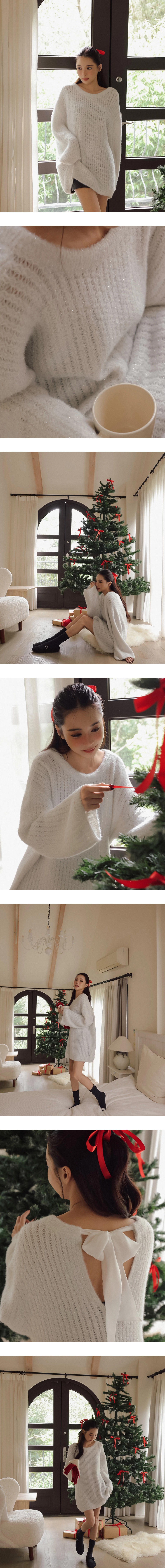 Fuzzy Knit Open Back Bow Tie Mini Dress