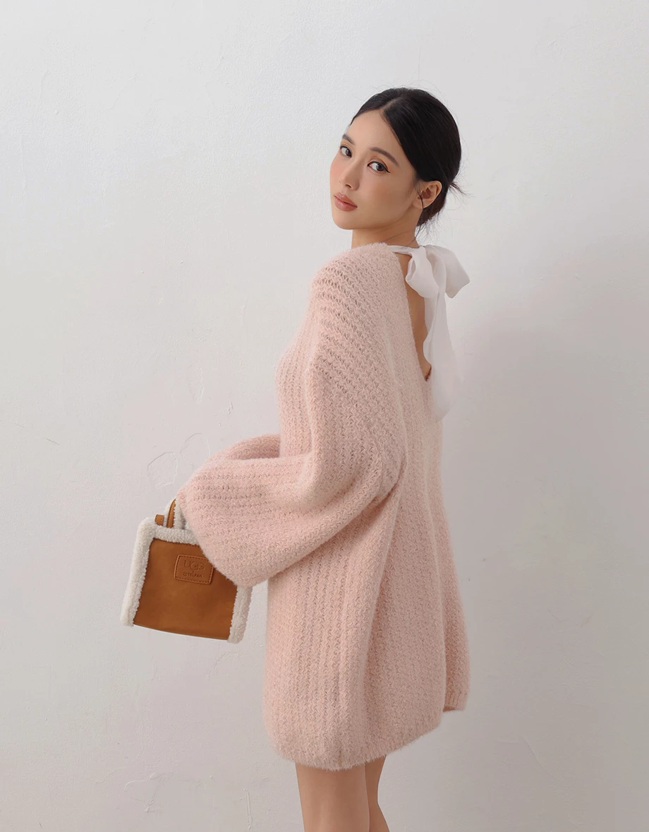 Fuzzy Knit Open Back Bow Tie Mini Dress Fuzzy Knit Open Back Bow Tie Mini Dress