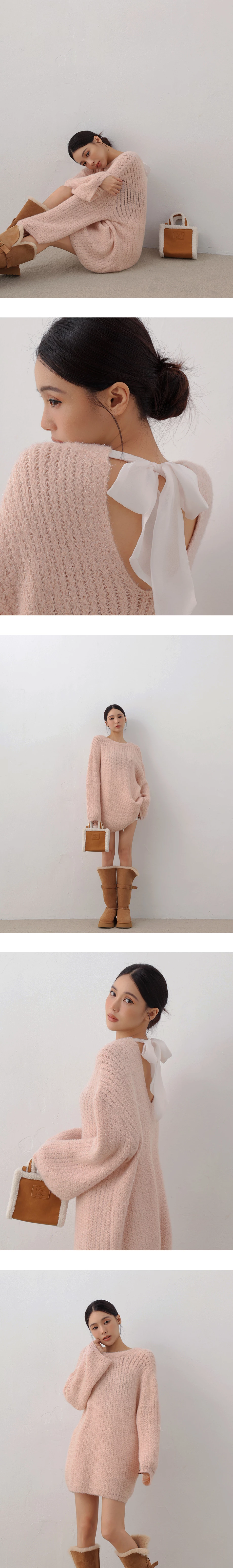 Fuzzy Knit Open Back Bow Tie Mini Dress