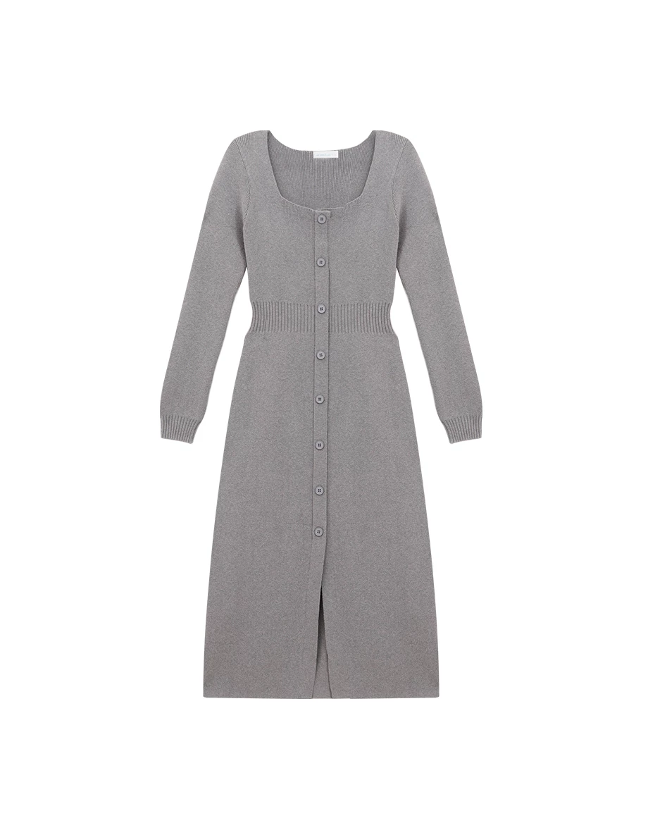 Soft Ribbed Square Neck Button Front Knit Maxi Dress