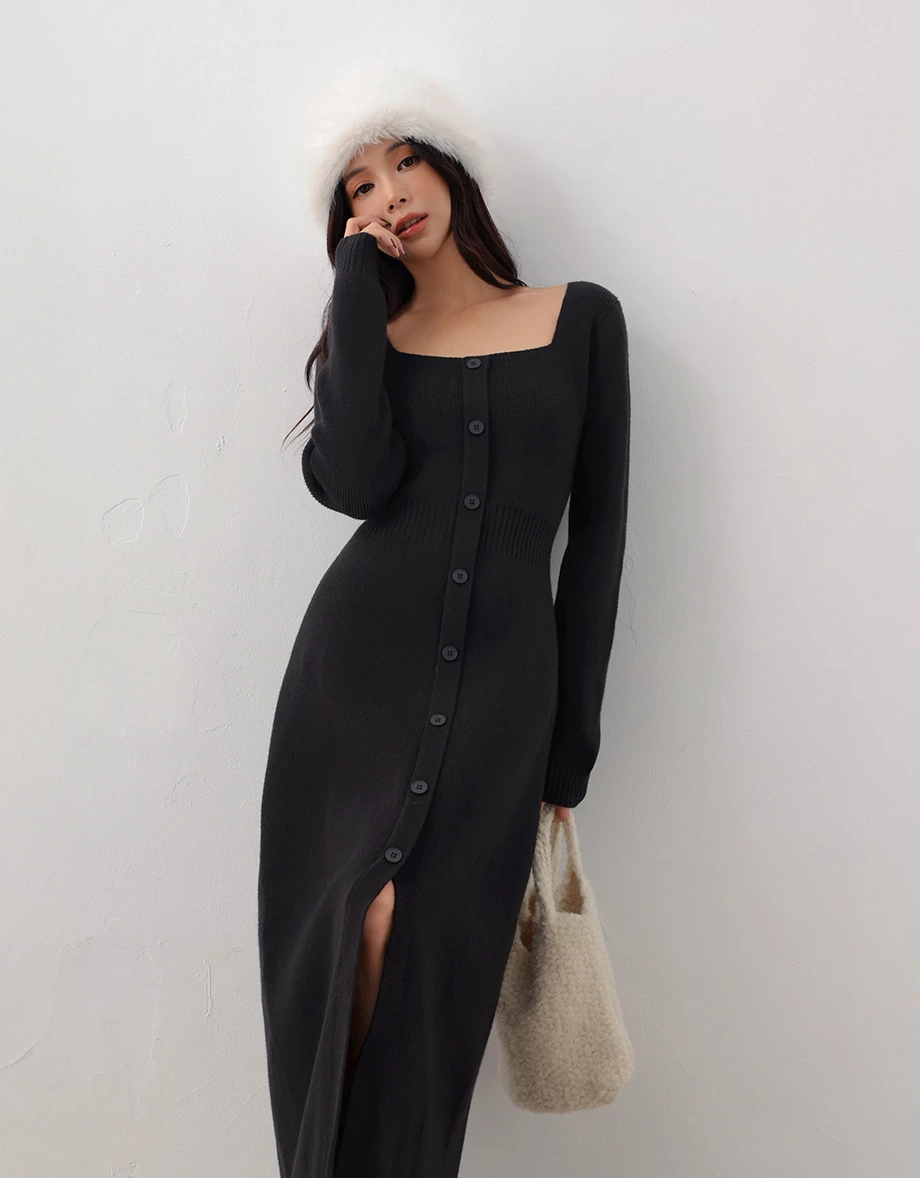 Soft Ribbed Square Neck Button Front Knit Maxi Dress