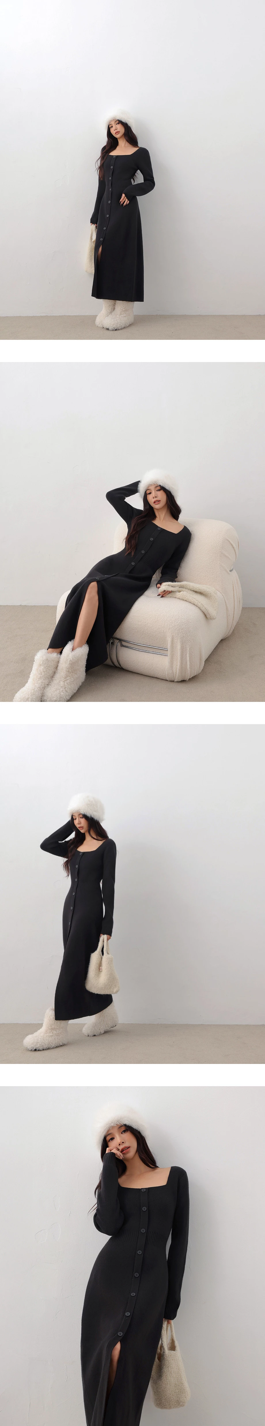 Soft Ribbed Square Neck Button Front Knit Maxi Dress