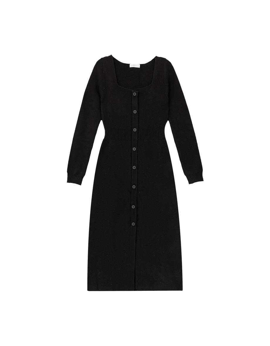 Soft Ribbed Square Neck Button Front Knit Maxi Dress