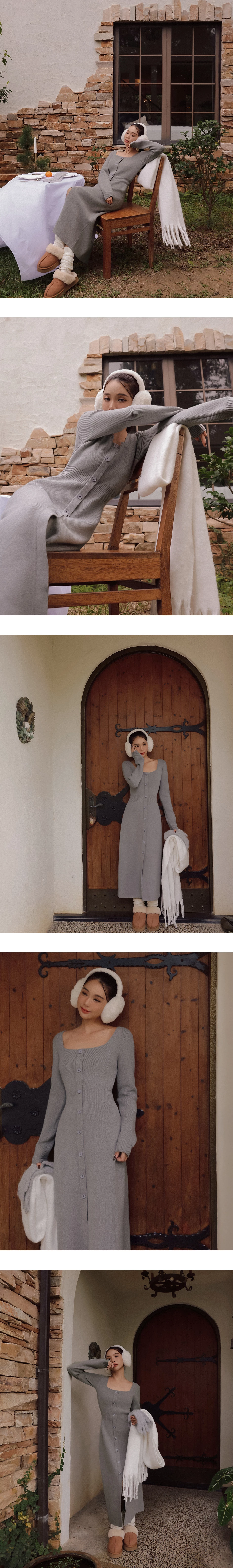 Soft Ribbed Square Neck Button Front Knit Maxi Dress