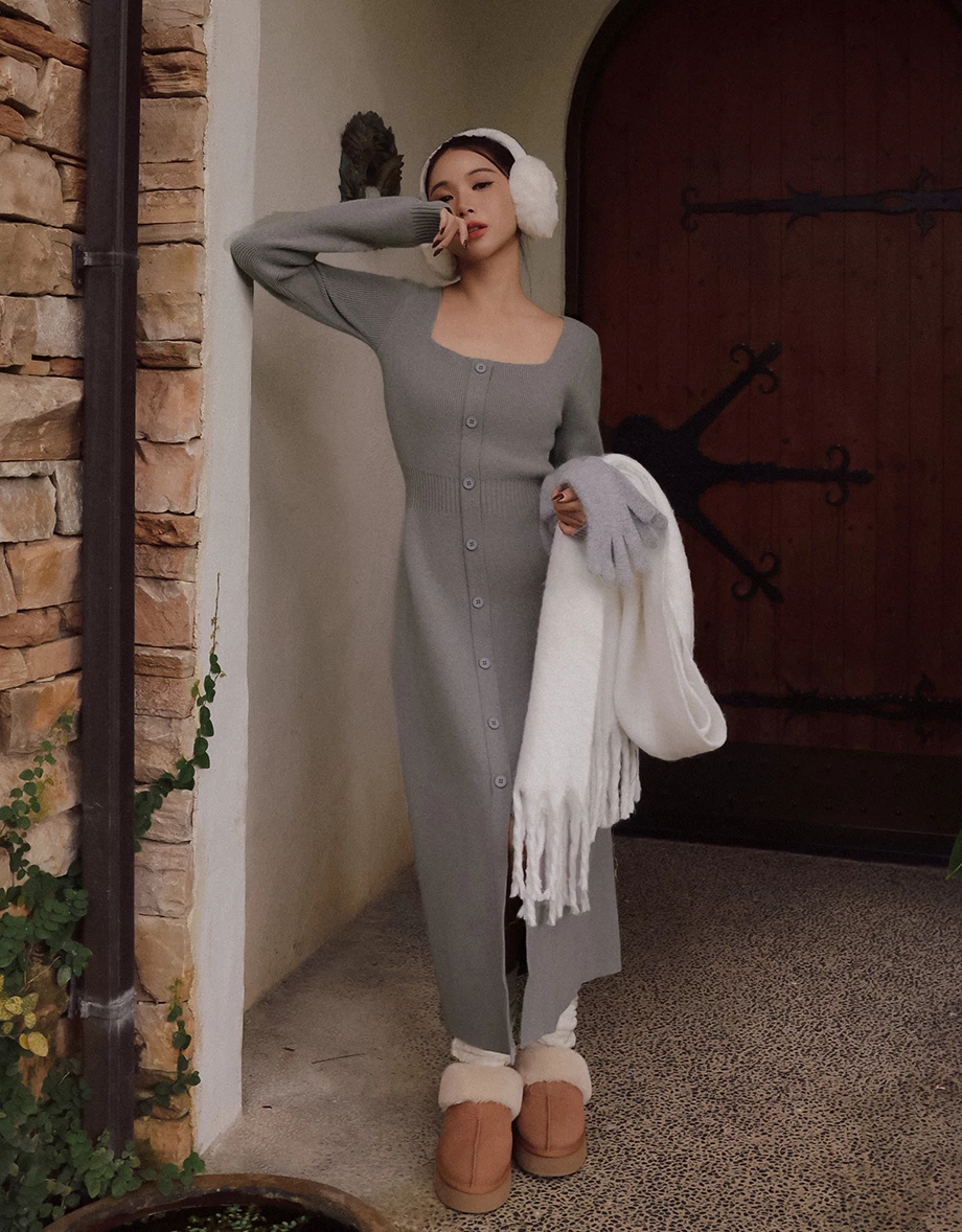 Soft Ribbed Square Neck Button Front Knit Maxi Dress